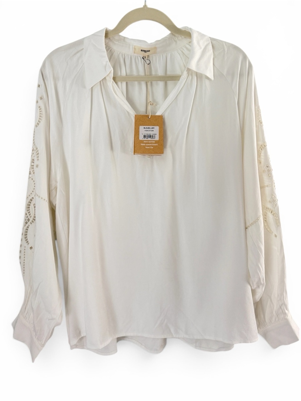 Suncoo Paris Blouse Lory Ivory Eyelet Lace Sleeve V-Neck Top NWT Size T2 / US M